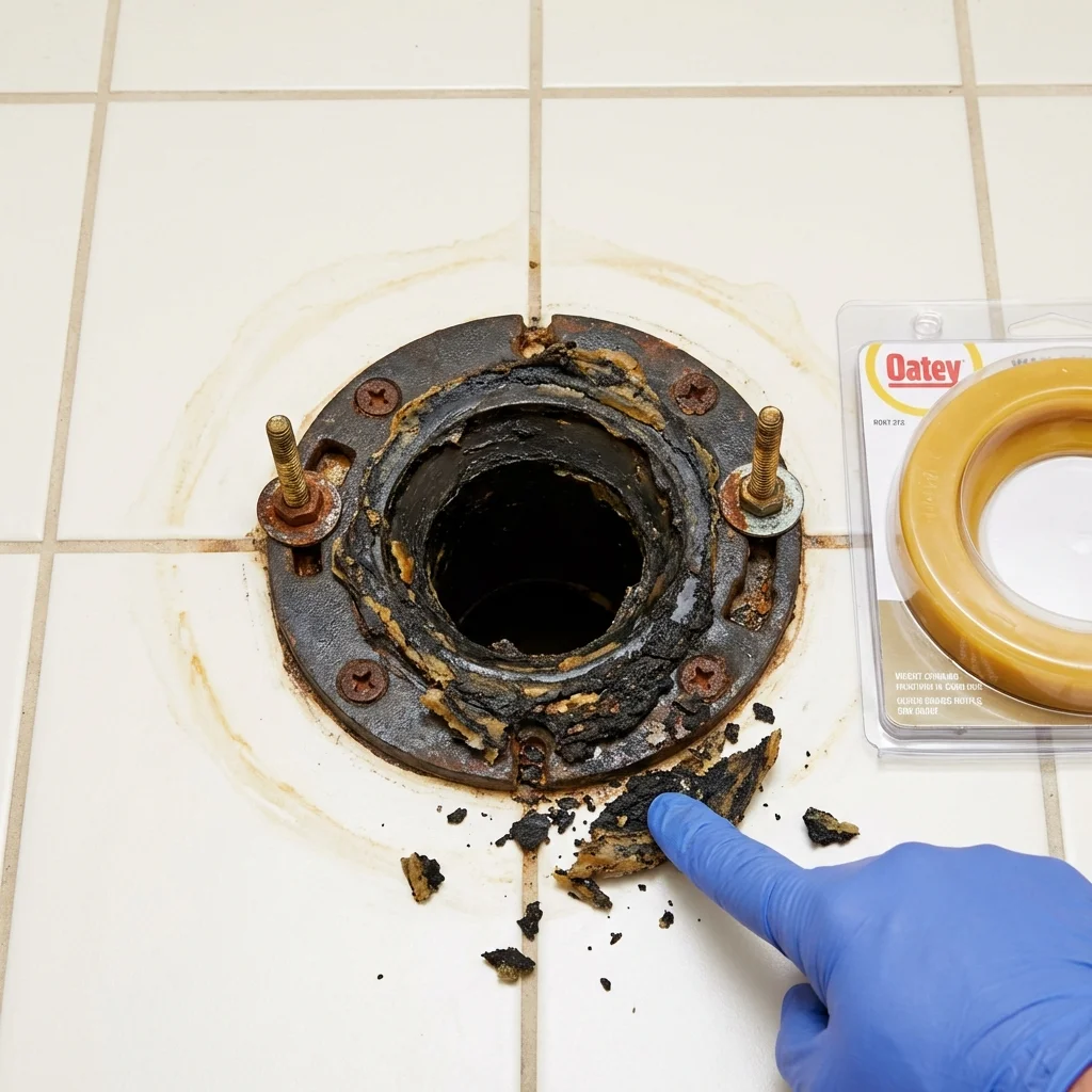 Failed wax ring showing water seepage at the base of a toilet in a Homer, MI home