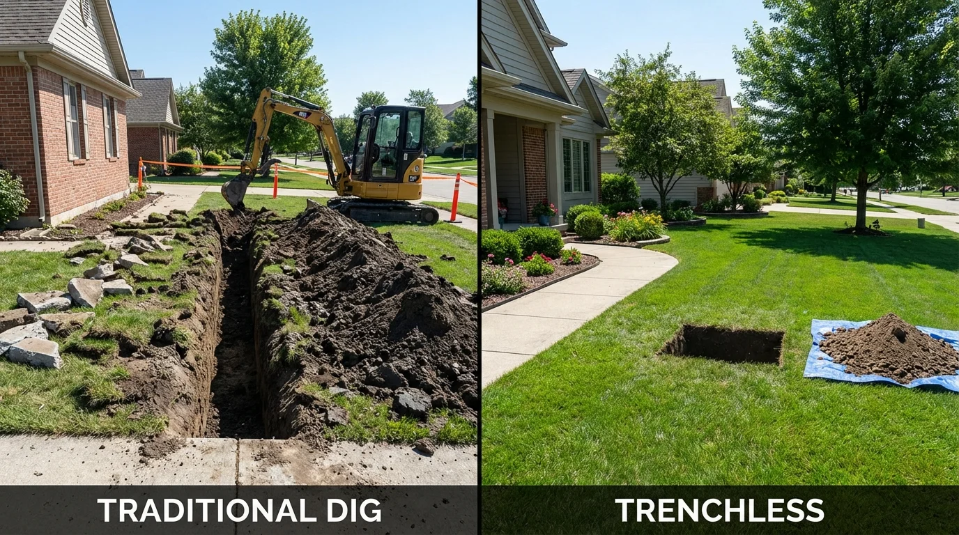 Trenchless sewer repair with minimal yard damage versus traditional excavation in Homer, MI
